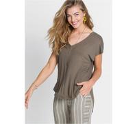 Oversize-Shirt BONPRIX, Damen, Gr. 44/46 (L), helloliv, Jersey, Obermaterial: 95% Viskose, 5% Elasthan, unifarben, oversize Po-bedeckend, tiefer V-Ausschnitt, angeschnitten, Shirts, Oversize-Passform,