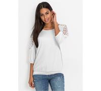 Oversize-Shirt BONPRIX, Damen, Gr. 44/46 (L), weiß (wollweiß), Obermaterial: 95% Viskose, 5% Elasthan. Spitze: 100% Polyester, oversize, Shirts Oversize-Shirt, Oversize Passform, 3/4-Ärmel, ohne Krage