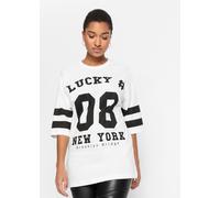 Oversize-Shirt BONPRIX "Oversize-Shirt aus reiner Baumwolle", Damen, Gr. 44/46 (L), weiß (weiß, schwarz bedruckt), Obermaterial: 100% Baumwolle, oversize, Shirts Oversize-Shirt, Oversize-Shirt aus rei