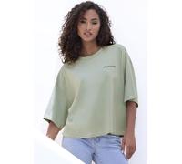 Oversize-Shirt COPENHAGEN STUDIOS "mit hochwertiger Logostickerei", Damen, Gr. XS (34), grün (light olive), Single Jersey, Obermaterial: 100% Baumwolle, unifarben, casual, oversize, Rundhals, Halbarm 