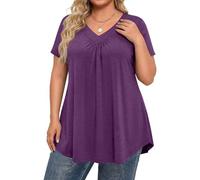 Oversize Shirt Damen, Damen T-Shirt Große Größe Tshirt Sommer Volltonfarbe Lockere Lässig Sport Shirt V-Ausschnitt Kurzarm Basic Oberteil Elegant Tunika Tops,Violett,XXL