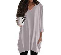 Oversize Shirt Damen Longshirt Sommershirt Strand Oberteil Mit Taschen 3/4 Ärmel Longbluse Lose Tunika Tops Casual T-Shirt Elegant,Grau,L