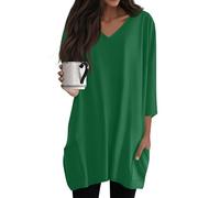 Oversize Shirt Damen Longshirt Sommershirt Strand Oberteil Mit Taschen 3/4 Ärmel Longbluse Lose Tunika Tops Casual T-Shirt Elegant,Grün,M