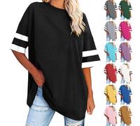 Oversize Shirt Damen Sommer Einfarbige Tshirt Basic Rundhals Sportshirt Elegant Solide Longshirt Bequem Baumwolle Sweatshirt Frauen Tunika Tops Teenager Mädchen Pullover All-Match Oberteile S-XXL