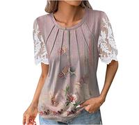 Oversize Shirt Damen Sommerkleid Damen Lang Kleidung Damen Frauen Retro Aufdruck T-Shirt Rundhals Spitze Patchwork Kurzarm Basic Falten Shirt Blusen Casual Locker Bikini Oberteil Schwarz