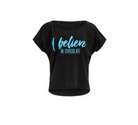 WINSHAPE Damen Ultra leichtes Modal-Kurzarmshirt MCT002 mit I Believe in Chocolate” Glitzer-Aufdruck, Dance Style Schwarz-neon-blau-glitzer M