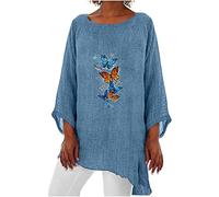 Oversized Baumwoll Leinen Longshirt Damen 3/4 Ärmeln Oberteile Lässiges Schmetterling Muster Tshirt Rundhals Dreiviertelärmel Pullover Große Größen Langarmshirt Bequem All-Match Blusentop