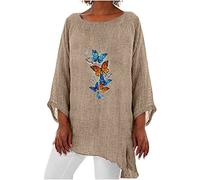 Oversized Baumwoll Leinen Longshirt Damen 3/4 Ärmeln Oberteile Lässiges Schmetterling Muster Tshirt Rundhals Dreiviertelärmel Pullover Große Größen Langarmshirt Bequem All-Match Blusentop