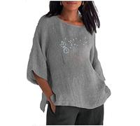 Oversized Baumwoll Leinen Longshirt Damen Oberteile mit 3/4 Ärmeln Retro Löwenzahn Muster Tshirt Rundhals Dreiviertelärmel Pullover Große Größen Longtops Bequem All-Match Tunika Shirtbluse