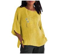 Oversized Baumwoll Leinen Longshirt Damen Oberteile mit 3/4 Ärmeln Retro Löwenzahn Muster Tshirt Rundhals Dreiviertelärmel Pullover Große Größen Longtops Bequem All-Match Tunika Shirtbluse