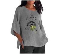 Oversized Baumwoll Leinen Longshirt Damen Oberteile mit 3/4 Ärmeln Vintage Löwenzahn Muster Tshirt Dreiviertelärmel Pullover mit Rundhals Große Größen Longshirt All-Match Tunika Bluse Blusentop