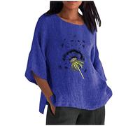 Oversized Baumwoll Leinen Longshirt Damen Oberteile mit 3/4 Ärmeln Vintage Löwenzahn Muster Tshirt Dreiviertelärmel Pullover mit Rundhals Große Größen Longshirt All-Match Tunika Bluse Blusentop