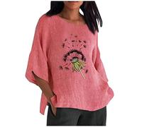 Oversized Baumwoll Leinen Longshirt Damen Oberteile mit 3/4 Ärmeln Vintage Löwenzahn Muster Tshirt Dreiviertelärmel Pullover mit Rundhals Große Größen Longshirt All-Match Tunika Bluse Blusentop