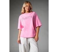 Oversized Boxy Crew Neck Kurzarm T-Shirt mit Strass-Logo und verzierten Ärmeln, Sommer Festival Stil