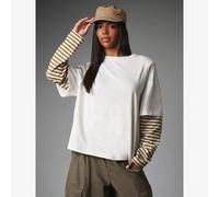 Oversized Boxy Crew Neck Langarm T-Shirt mit gestreiftem Kontrastärmel-Detail, Lagenlook, lässiges Top