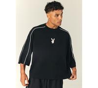 Oversized Boxy Crew Neck T-Shirt mit Bunny Logo und kontrastierendem weißem Paspeldetail an den Ärmeln