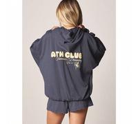 Oversized gestreifter Kapuzenpullover mit Kordelzug-Kapuze und Fronttasche, sportlicher Textaufdruck, gemütlicher, lässiger Pullover für Herbst und Wi