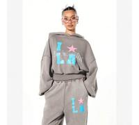 Oversized gewaschener Hoodie mit Strass-besetzter Kapuze, LA Stern Muster Grafik, lässiger Loose Fit Pullover Sweatshirt