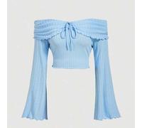 Oversized hellblaues strukturiertes Jacquard Off-Shoulder T-Shirt mit Trompetenärmeln, Schleifenband-Zugband und geraffter Verzierung