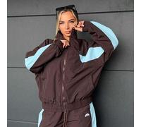 Oversized Nylon-Trainingsjacke mit Kontrastpaneelen, durchgehender Reißverschluss, nur Oberteil, Frühling, Buchhandlung, Oversized, Flughafen, sportli