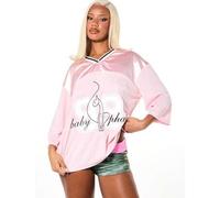 Oversized rosa Jersey T-Shirt mit Katzen-Logo-Muster, Dreiviertel-Ärmel, V-Ausschnitt, lässiger Streetwear-Stil für den Valentinstag