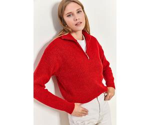 Oversized strukturierter Strickpullover mit Reißverschlusskragen S/M