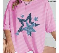 Oversized-Tops für Frühling/Sommer, 100 % Baumwolle, Kurzarm-T-Shirts für Damen, fröhlicher blauer Sternenprint, einfarbiger Rundhalsausschnitt, weich