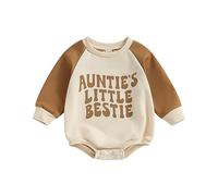 Owegvia Aunties Bestie Baby Clothes Girl Baby Fall Romper Raglan Long Sleeve Aunties Bestie Letter Print Auntie Sweatshirt (Brown, 6-12 Months)