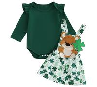 Owegvia Baby Girl Irish Outfits Long Sleeve Romper + Bear Patch Clover Print Suspender Skirt Baby St. Patrick's Day Outfit (Green, 3-6 Months)