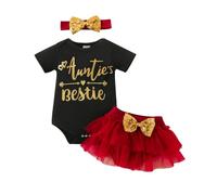 Owegvia Baby Girls Tutu Skirt Set Auntie's Bestie Print Short Sleeve Romper + Tulle Skirt Headband Set Infant Birthday Gift (Crimson, 0-3 Months)
