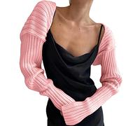 Owegvia Bolero Shrug Y2K Open Front Crop Cardigan Ribbed Knit Long Sleeve Bolero Sweater Knit Crop Cardigan Sweater Shrug (Pink, One Size)