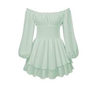 Owegvia Damen Aus Schulter Puffärmel Romper Kleid Rüschen Geraffte Doppelschicht Fee Prinzessin Minikleid Boho Kurz Jumpsuit Party (01-Grün, L)