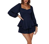 Owegvia Damen Aus Schulter Puffärmel Romper Kleid Rüschen Geraffte Doppelschicht Fee Prinzessin Minikleid Boho Kurz Jumpsuit Party (A Marineblau, L)