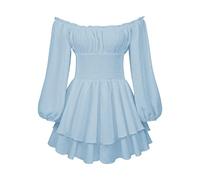 Owegvia Damen Aus Schulter Puffärmel Romper Kleid Rüschen Geraffte Doppelschicht Fee Prinzessin Minikleid Boho Kurz Jumpsuit Party (01-Blau, M)