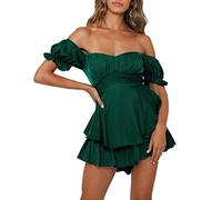 Owegvia Damen Aus Schulter Puffärmel Romper Kleid Rüschen Geraffte Doppelschicht Fee Prinzessin Minikleid Boho Kurz Jumpsuit Party (Dunkelgrün, S)