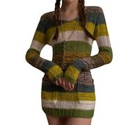 Owegvia Damen Gothic Punk Minikleid Vintage Gestreift Strick Bodycon Kleid Schulterfrei U-Boot-Ausschnitt Langarm Kurzes Kleid Street Party, Grünes Patchwork, Medium