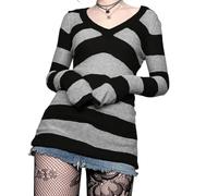 Owegvia Damen Gothic Punk Minikleid Vintage Gestreiftes Strick Bodycon Kleid Schulterfrei Boot-Ausschnitt Langarm Kurzes Kleid Street Party (Black Grey, L)
