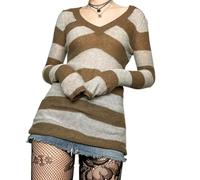 Owegvia Damen Gothic Punk Minikleid Vintage Gestreiftes Strick Bodycon Kleid Schulterfrei Boot-Ausschnitt Langarm Kurzes Kleid Street Party (Brown Apricot, S)