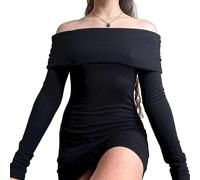 Owegvia Damen Gothic Punk Minikleid Vintage Gestreiftes Strick Bodycon Kleid Schulterfrei Boot-Ausschnitt Langarm Kurzes Kleid Street Party (Q01-Black, M)