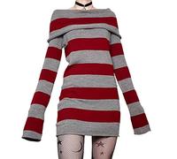 Owegvia Damen Gothic Punk Minikleid Vintage Gestreiftes Strick Bodycon Kleid Schulterfrei Boot-Ausschnitt Langarm Kurzes Kleid Street Party (Rot, XL)