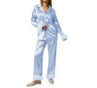 Owegvia Damen Lang Satin Seide Pyjama Set Feder Dekoration Langarm Button-Down Revers Kragen Tops + Hosen Pyjama Set, seeblau, 38