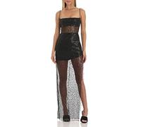 Owegvia Damen Pailletten Spaghettiträger Kleid Durchsichtige Mesh Cocktail Party Schlitz Kleid Sommer Rückenfrei Glänzendes Kleid (Schwarz, XL)