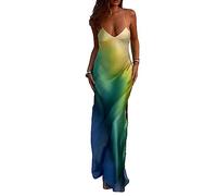 Owegvia Damen Rückenfrei Floral Print Spaghetti Strap Bodycon Maxi Dress Y2k Low Cut Ärmellos Sling Langes Kleid Sommerkleider Streetwear Party Cocktail (Q15-Blau, L)