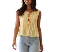 Owegvia Damen-Top mit niedlicher Fliege vorne, Sommer, lässig, ärmellos, V-Ausschnitt, geteilt, plissiert, Schößchen, Y2K, Tank-Top, Streetwear, gelb, S