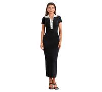 Owegvia Figurbetontes Jersey-Kleid für Damen, Patchwork, Umlegekragen, Knöpfe, kurze Ärmel, geripptes Strickkleid, langes Sommerkleid, Schwarz , L