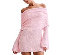 Owegvia Figurbetontes Strickkleid für Damen, U-Boot-Ausschnitt, schulterfrei, langärmelig, lässig, flauschig, kurzes Kleid, Freizeitkleid, rose, M