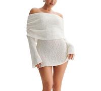 Owegvia Figurbetontes Strickkleid für Damen, U-Boot-Ausschnitt, schulterfrei, langärmelig, lässig, flauschig, kurzes Kleid, Freizeitkleid, weiß, S