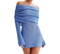 Owegvia Figurbetontes Strickkleid für Damen, U-Boot-Ausschnitt, schulterfrei, langärmelig, lässig, flauschig, kurzes Kleid, Freizeitkleid, blau, S