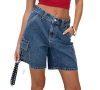 Owegvia Jorts Y2k Womens Knee Length Denim Shorts High Waist Baggy Jean Shorts Bermuda Shorts Straight Leg Carpenter Shorts (Deep Blue, M)