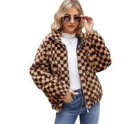 Owegvia Kunstpelz Jacke Damen Karo/Zebra Streifen/Leopard Langarm Reißverschluss Strickjacke Fuzzy Mäntel für Outwear Cropped Jacket (Schokolade kariert, S)